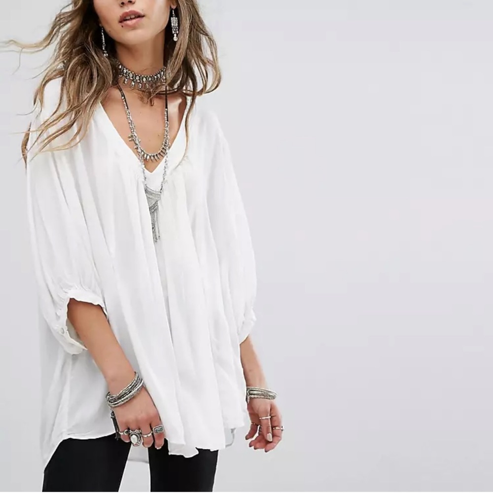 Free People V-Neck Boho Blouse Ivory M Semi-Sheer Drape Style Button Sleeves